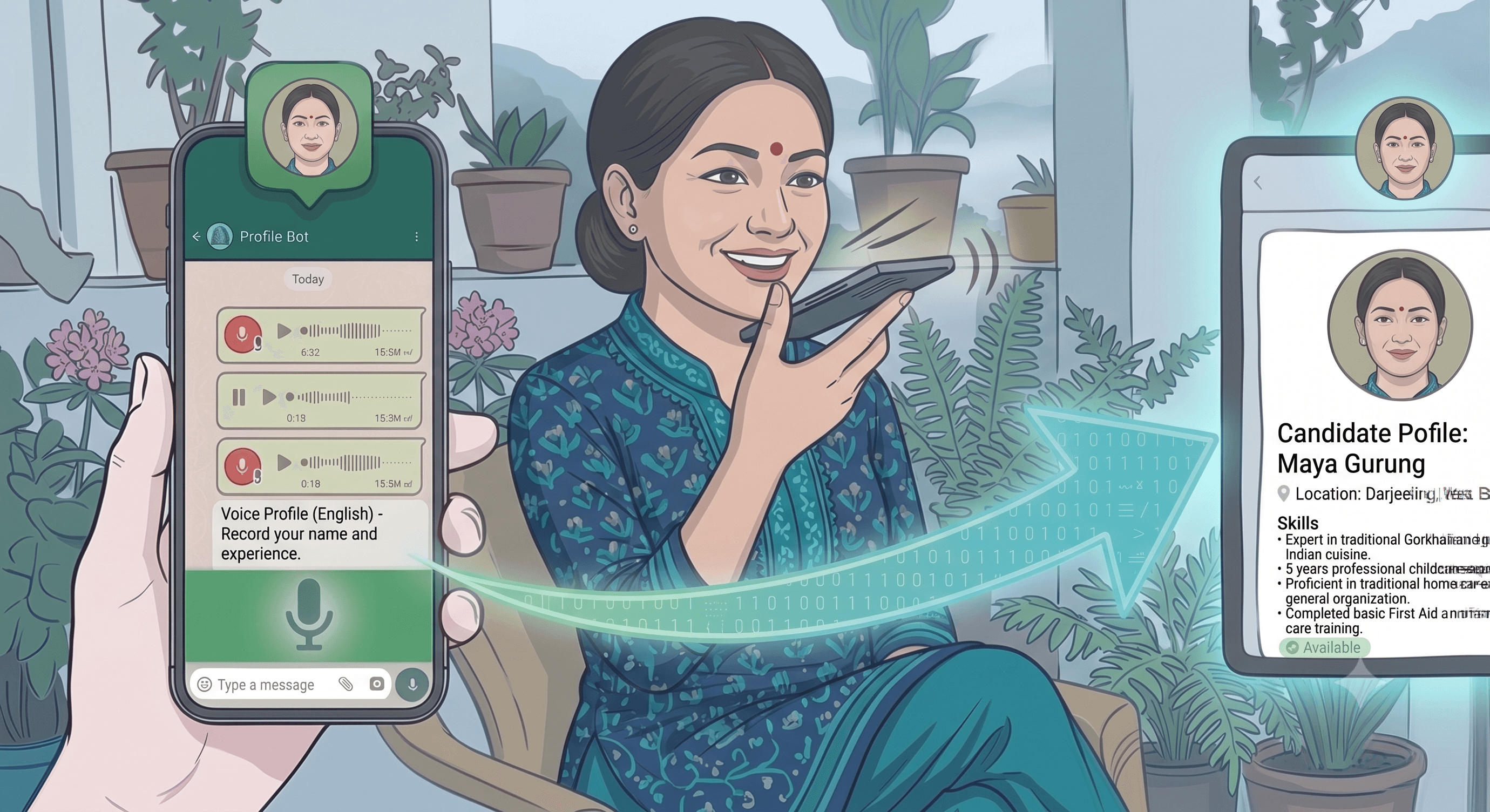 WhatsApp पर बोलकर अपनी हेल्पर प्रोफाइल बनाएँ — फिर जॉब्स के ऑफर पाएँ